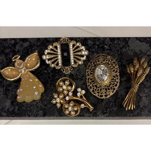 Lot Of 5 Vintage Gold-Tone Brooches W/ Rhinestones & Faux Pearls Estate Untested